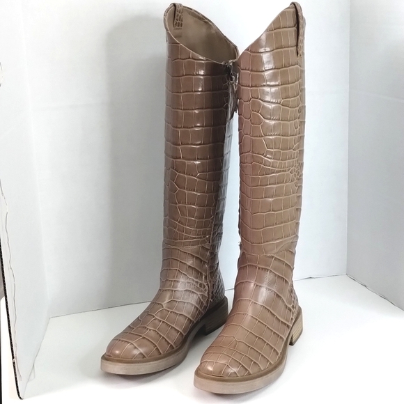Sam Edelman Fable Tall Riding Boots Sz 7.5 Tan Croc Leather EUC - Picture 1 of 11